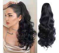 Strrid 20" Black Ponytail Wig with Clip On Wavy Ponytail Synthetic Hair Fluffy with Clip