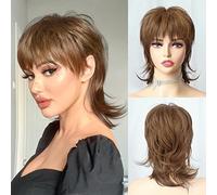 StrRid Short Brown Wig 80s Layered Pixie Cut Wig with Wavy Bangs Synthetic Natural Fa