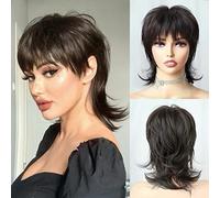 StrRid Short Brown Wig 80s Layered Pixie Cut Wig with Wavy Bangs Synthetic Natural Fa