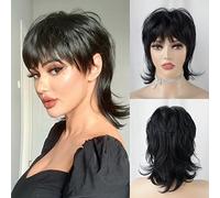 StrRid Short Shaggy Black Layered Mullet Wig Pixie Cut with Wavy Bangs Natural Synthetic Hair Replacement Wig for Women White