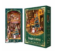 Strucwood Christmas Book Nook Kit with LED Light - 3D Wooden Puzzles Book Nook for Book Shelf Decor - Diy Dollhouse Kit - Rotating Decor with Dust Cover Jingle Cabin (SQ-34)