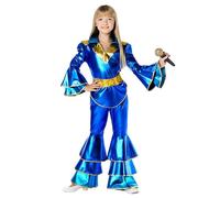 Struts Girls 1970s Disco Diva Costume Kids Blue & Gold Metallic | 100% Polyester, Includes Top Trousers and Belt, Dancing Queen Design, Girls 70s Fancy Dress