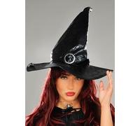 Struts Halloween Black Leather Look Witch Hat, Wide Brim, Gothic Style