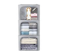 STSTECH Clothes Storage Box Bins Stackable Foldable Organizer with Metal Frame for Clothing Bedding Shelves,Closet Container with Clear Window Zipper and Label Holder (Gray,Small-40L x3 Pack)