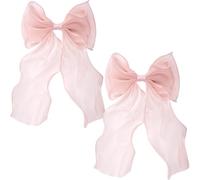 STSTR 2Pcs Large Hair Bow Clips, Pink Silk Yarn Ribbon Bow Hair Barrette for Women, Elegant Long Tail Bowknot French Hair Accessories for Wedding, Parties, Festivals