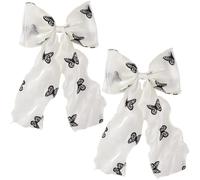 STSTR 2Pcs Large Hair Bow Clips, Silk Yarn Ribbon Bow Hair Barrette for Women, Elegant Long Tail Bowknot French Hair Accessories for Wedding, Parties, Festivals (White Bow Black Butterfly)