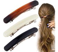 STSTR 3PCS French Barrette Hair Clips for Women, 2.48 Inch Small Tortoise Shell Hair Clip, Curved Glossy Thin Hair Flat Hair Accessories for Women (Black, White, Amber) - Oval