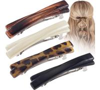 STSTR 4PCS French Barrette Hair Clips for Women, 2.5 Inch Small Tortoise Shell Hair Clip, Curved Glossy Thin Hair Flat Hair Accessories for Women (Black, White, Leopard Color, Amber)