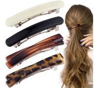 STSTR 4PCS French Barrette Hair Clips for Women, 2 Styles Small Tortoise Shell Hair Clip, Curved Glossy Thin Hair Flat Hair Accessories for Women (Leopard Color, Amber, Black, White)