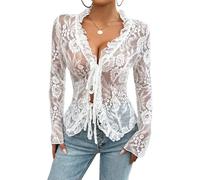 STTBRHF Womens Sexy Open Front Tie Long Sleeve Ruffle Trim Sheer Lace Crop Tops Blouse, V Neck Sheer Floral Lace Crop Tops (X-Large,White)