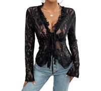 STTBRHF Womens Sexy Open Front Tie Long Sleeve Ruffle Trim Sheer Lace Crop Tops Blouse, V Neck Sheer Floral Lace Crop Tops (Medium,Black)