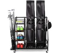 Sttoraboks Golf Storage Rack with Lockable 360° Wheels, Heavy-Duty Metal Golf Storage Organiser with Wooden Shelves & Hooks, Golf Club Stand for 2 Bags/Clubs/Shoes/Indoor/Garage, Up to 136kg/300lbs