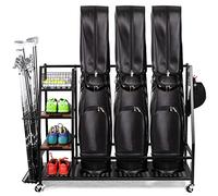 Sttoraboks Golf Storage Rack with Lockable 360° Wheels, Heavy-Duty Metal Golf Storage Organiser with Wooden Shelves & Hooks, Golf Club Stand for 3 Bags/Clubs/Shoes/Indoor/Garage, Up to 136kg/300lbs