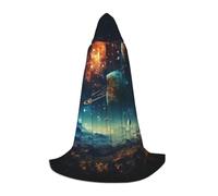 sttung Galaxy Moon Space Print Hooded Cape with Full Print | No Zipper + Bow Tie | Halloween/Cosplay/Comic Con