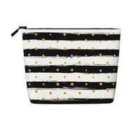 sttung Ink and Gold Dot Stripes Print Single Layer Imitation Linen Makeup Bag Women Zipper Travel Toiletry Pouch