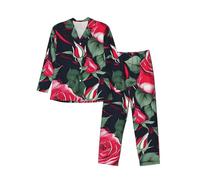 sttung Rose Flower Floral Print Men's Long-Sleeved Pajama Set,Soft Breathable Sleepwear,Front Buttons & Elastic Waist Pants Black