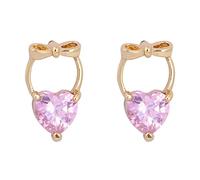 Stud Earrings For Women Gold, 14K Yellow Gold Stud Earrings for Women Bowknot with Heart Shape Pink Crystal