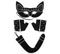 Studded Bad Kitty Thief Cat Set - 3 Pcs Cat Ears Eye Mask, Studded Glovelettes & Long Black Tail For Fancy Dress Halloween Roleplay Parties