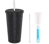 Studded Diamond Tumbler 500ML Double Walled Insulated Cups with Straw and Brushes, Bling Rhinestone Travel Mug for Women Gift(Black)