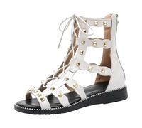Studded Sandal for Women Women's Studded Strappy Sandal Stylish Flat Openwork Strap High Top Comfortable Casual For Outdoor Wear. (White, 7)