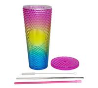 Studded Tumbler with Straw and Lid Double walled Iced coffee cup for Slush Smoothie Cinema Cup with Lid your favourite summer drinks for kids teens adults 24OZ 710ml (Gradient)