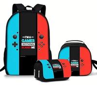Student 3-Piece Set Backpack - with Gaming Switch Double-Layer Flap Design School Bag, Pencil Case and Console Handbag for Primary and Secondary School Students (Black)