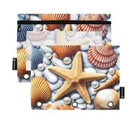 Students Pencil Pouch for 3 Ring Binder Pen Pencil Bag Zipper Binder Zip up School Binders Clear Pockets Colorful Starfish Seashells 9.8" x 7.1", 2 Packs