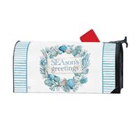 Studio M Decorative Coastal Christmas Holiday MailWrap Fits Standard Size 6.5 x 19 Inch Mailbox Weather Resistant Vinyl Blue and White Seasons Greetings