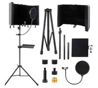 Studio Recording Microphone Isolation Shield with Pop Filter & Tripod Stand, High Density Absorbent Foam to Filter Vocal