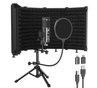 Studio Recording Microphone Isolation Shield with Pop Filter & Tripod Stand Kit Studio Mic to Laptop and Pc Equipment Vocal Condenser (Five-sided Panel Isolation Shield With Microphone)