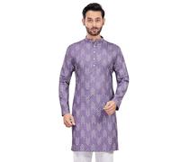 Studio Shringaar Kurta Mens Cotton Blend Relaxed Fit Ikat Print Knee Length Kurta, lavender, M