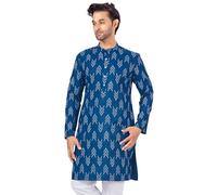 Studio Shringaar Kurta Mens Cotton Blend Relaxed Fit Ikat Print Knee Length Kurta, navy, XXL