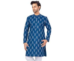 Studio Shringaar Kurta Mens Cotton Blend Relaxed Fit Ikat Print Knee Length Kurta, navy, XXL
