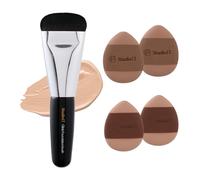 Studio17 Flat Foundation Brush & Small Puff Set | Small Makeup Brush Set with 4 Mini Sized Puffs | Kit for Liquid Foundation Makeup for Base | 0.06mm Micro Synthetic Bristle & Case Pack Included