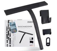 Studio94 Shower Squeegee - Squeegee for Shower, Bathroom, Tiles, Windows, Mirrors - Material: Black Silicone with Stainless Steel Core - Includes Various Brackets - No Drilling Required