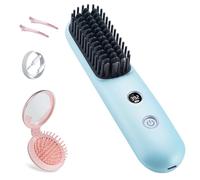 STUDLLY, Cordless Hair Straightener Brush, Portable Mini for Travel Negative Ionic, Hot Comb for Women Touch-ups, Folding Brush with Mirror, Blue