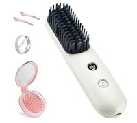 STUDLLY, Cordless Hair Straightener Brush, Portable Mini for Travel Negative Ionic, Hot Comb for Women Touch-ups, Folding Brush with Mirror, White