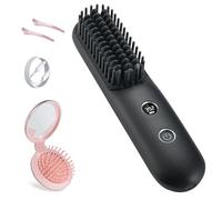 STUDLLY, Cordless Hair Straightener Brush, Portable Mini for Travel Negative Ionic, Hot Comb for Women Touch-ups, Folding Brush with Mirror, Black