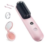 STUDLLY, Cordless Hair Straightener Brush, Portable Mini for Travel Negative Ionic, Hot Comb for Women Touch-ups, Folding Brush with Mirror, Pink