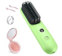STUDLLY, Cordless Hair Straightener Brush, Portable Mini for Travel Negative Ionic, Hot Comb for Women Touch-ups, Folding Brush with Mirror, Green