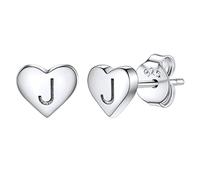 Studs Earrings for Women, S925 Sterling Silver Heart Initial Letter J Small Tiny Earrings for Girls Ladies Mum Daughter Sisters Friends Lover Hypoallergenic Silver Jewellery with Gift Box