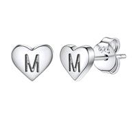 Studs Earrings for Women, S925 Sterling Silver Heart Initial Letter M Small Tiny Earrings for Girls Ladies Mum Daughter Sisters Friends Lover Hypoallergenic Silver Jewellery with Gift Box