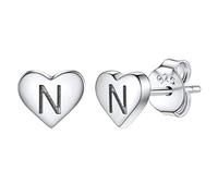 Studs Earrings for Women, S925 Sterling Silver Heart Initial Letter N Small Tiny Earrings for Girls Ladies Mum Daughter Sisters Friends Lover Hypoallergenic Silver Jewellery with Gift Box