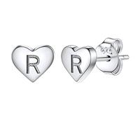 Studs Earrings for Women, S925 Sterling Silver Heart Initial Letter R Small Tiny Earrings for Girls Ladies Mum Daughter Sisters Friends Lover Hypoallergenic Silver Jewellery with Gift Box