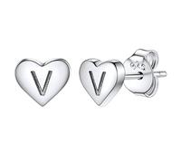 Studs Earrings for Women, S925 Sterling Silver Heart Initial Letter V Small Tiny Earrings for Girls Ladies Mum Daughter Sisters Friends Lover Hypoallergenic Silver Jewellery with Gift Box
