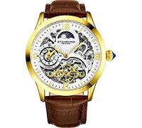 Stührling Original Automatic Watch for Men Skeleton Watch Dial, Dual Time, AM/PM Sun Moon, Leather Band, 3921 Mens Watches Series (Gold)