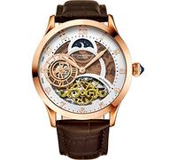 Stührling Original Automatic Watch for Men Skeleton Watch Dial, Dual Time, AM/PM Sun Moon, Leather Band, 571 Mens Watches Series (Rose Gold-A)