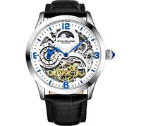 Stührling Original Automatic Watch for Men Skeleton Watch Dial, Dual Time, AM/PM Sun Moon, Leather Band, 3921 Mens Watches Series (White)