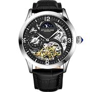 Stührling Original Automatic Watch for Men Skeleton Watch Dial, Dual Time, AM/PM Sun Moon, Leather Band, 3921 Mens Watches Series (Black)