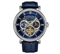 STÜHRLING Original Men's Dual Time Automatic Watch, 47mm Case, Skeleton Dial, Leather Strap, Sun/Moon AM/PM Indicator 5 ATM Water Resistant in Blue STÜHRLING Original Blue One Size